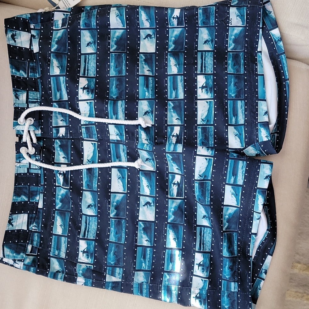 ORIGINAL PENGUIN Dark Sapphire Film Strip Board Shorts Swim Trunks NEW